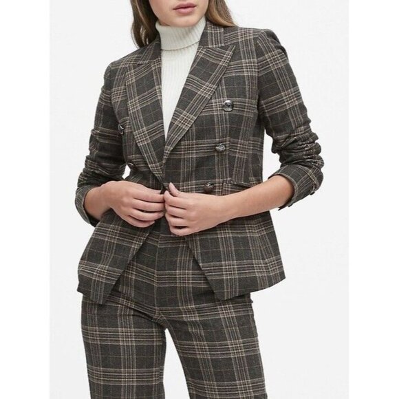 BANANA REPUBLIC Cadet Grey Check Wool Flannel Double Breasted Blazer, Size 6 - Picture 2 of 16